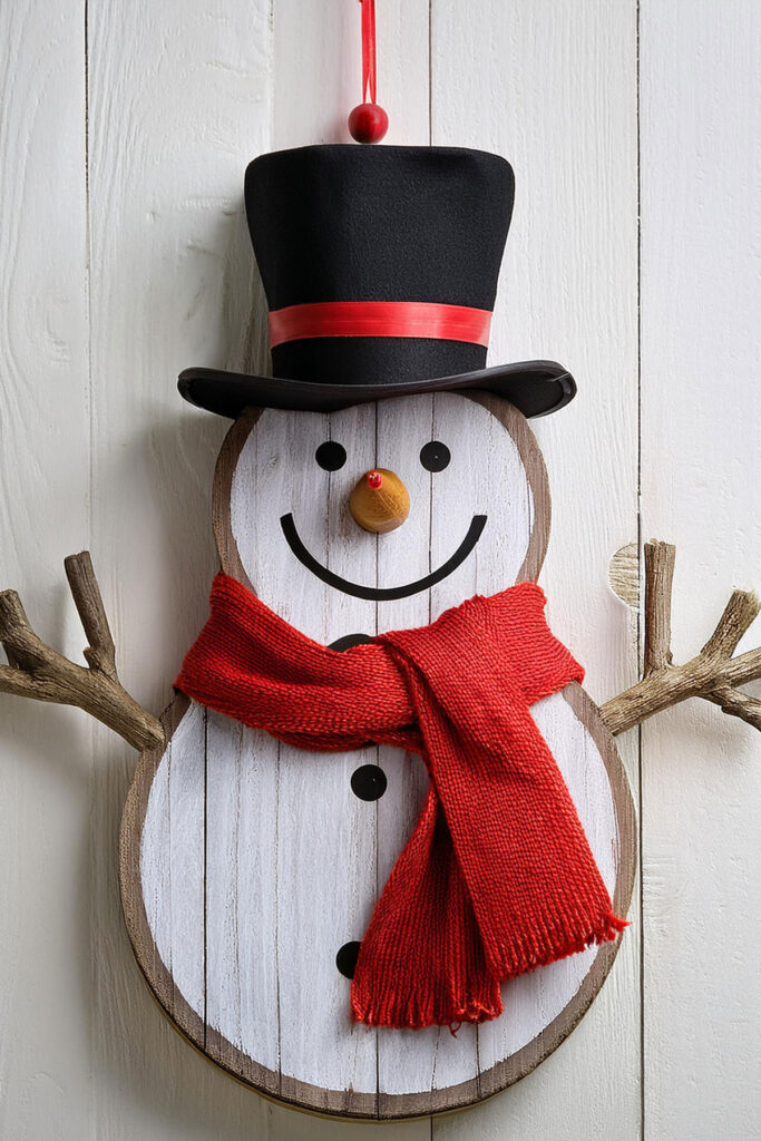 Rustic wooden snowman wall decor with red scarf on white wall