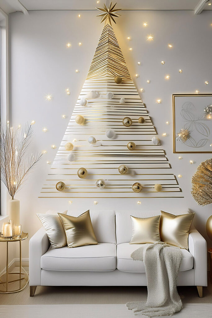 Modern washi tape Christmas tree wall art with ornaments and lights